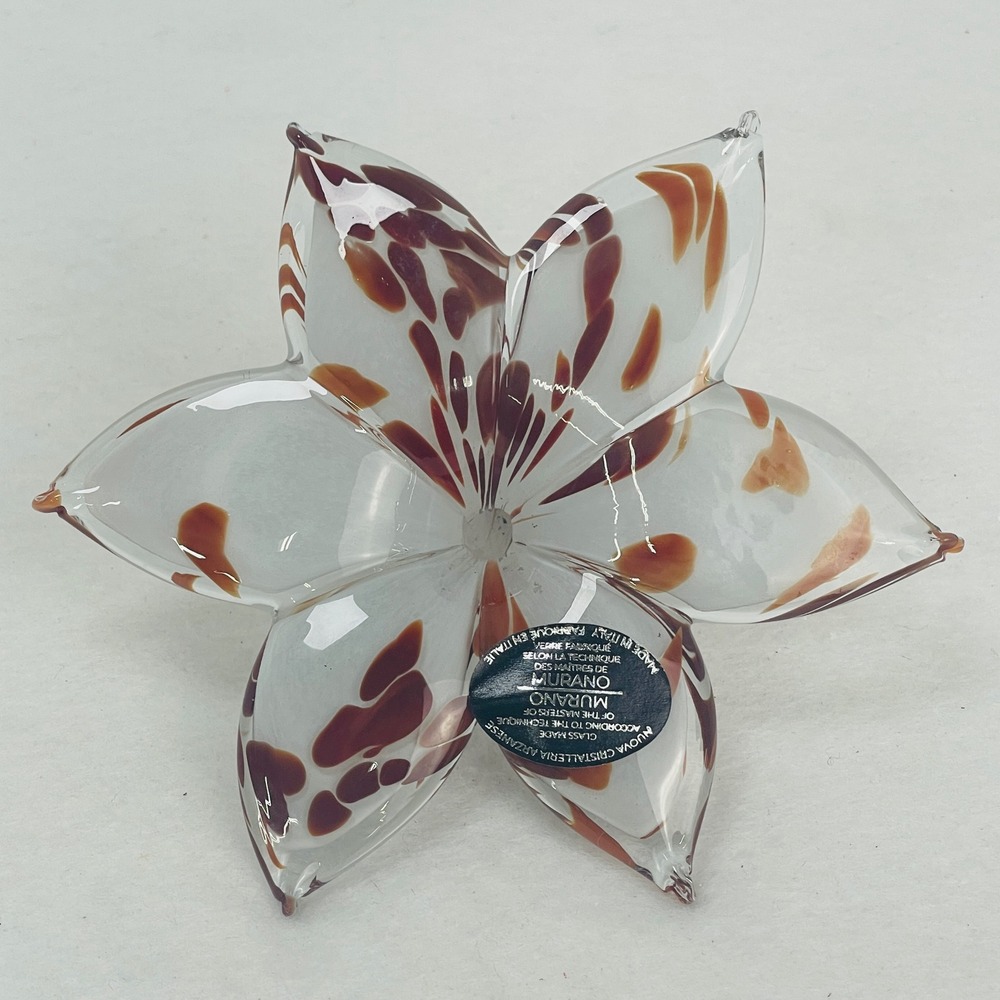 Murano Style Art Glass Flower Figurine Amber Brown Splatter Curled Stem 5 Inch